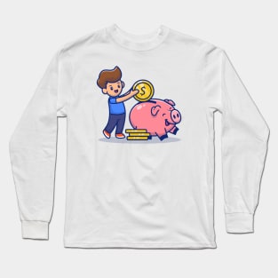 Cute Boy Insert Coin Into Piggy Bank Long Sleeve T-Shirt